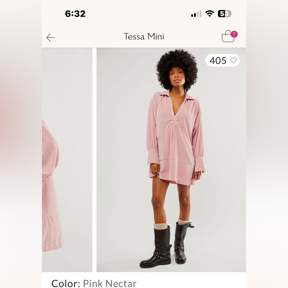 Free People Tessa Mini Soft Velvet dress with Collared Neckline in Pink Nectar